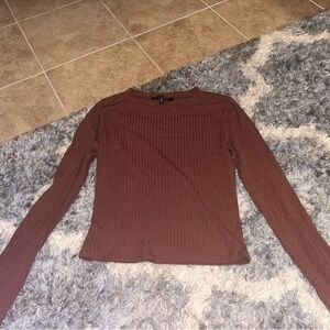 Brown Ribbed Crew Neck Long Sleeve T-Shirt